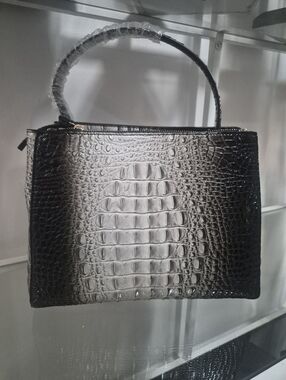 Structured Croc-Embossed Top-Handle Bag in Black